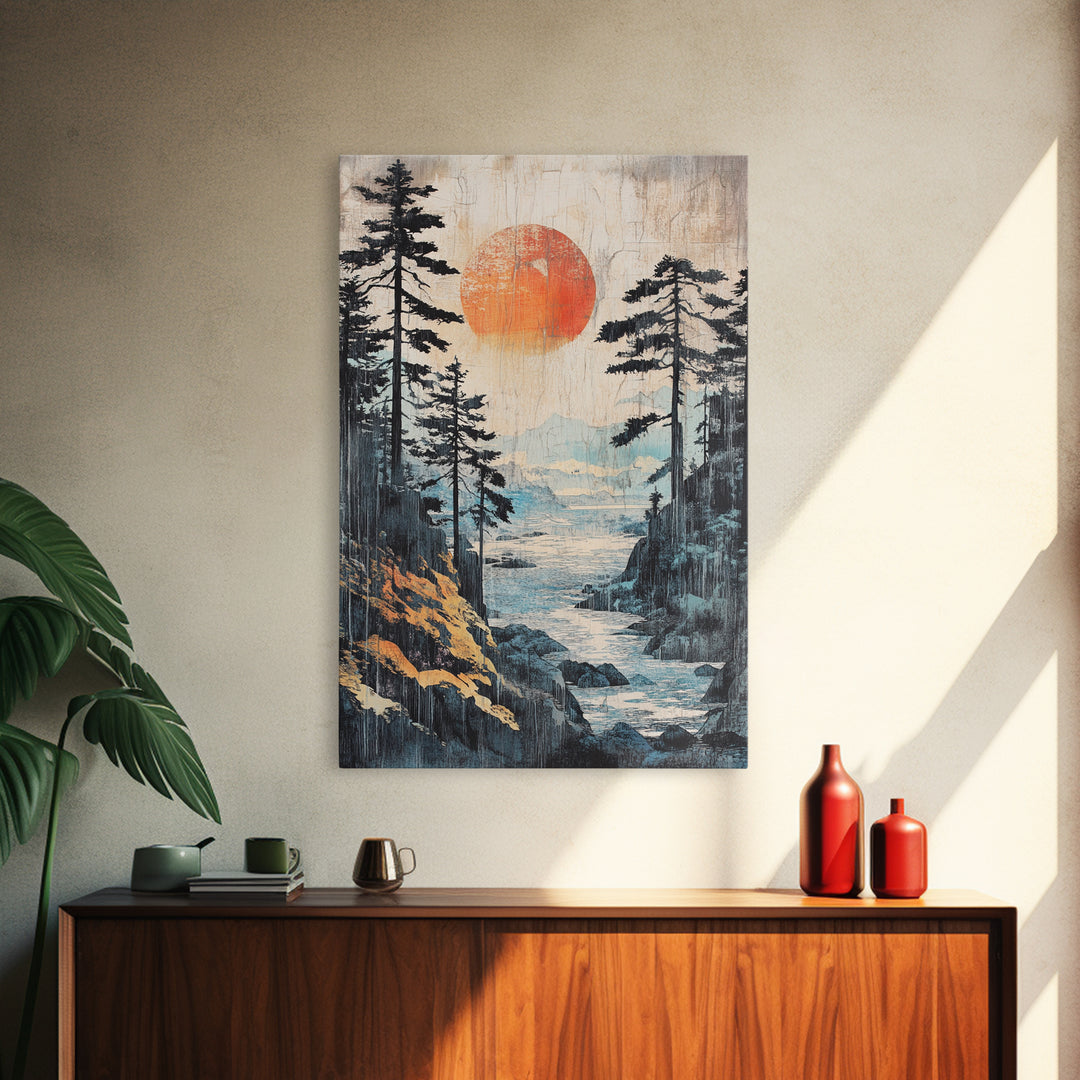 Red Sun Forest River Wall Art, Japanese Mountain Landscape Print, Nature Wall Decor, Large Framed Canvas Print For Living Room Decor