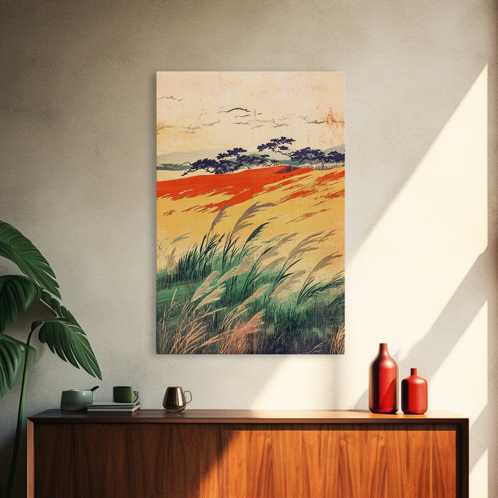 Golden Meadow Grasses And Coastal Hills Wall Art, Rustic Country Landscape Print, Farmhouse Decor, Warm Nature Canvas Print