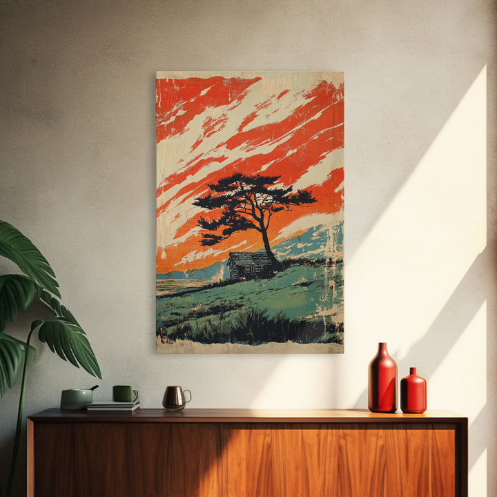 Lone Tree Cabin And Orange Mountain Sky Wall Art, Rustic Landscape Print, Western Home Decor, Statement Framed Canvas Print