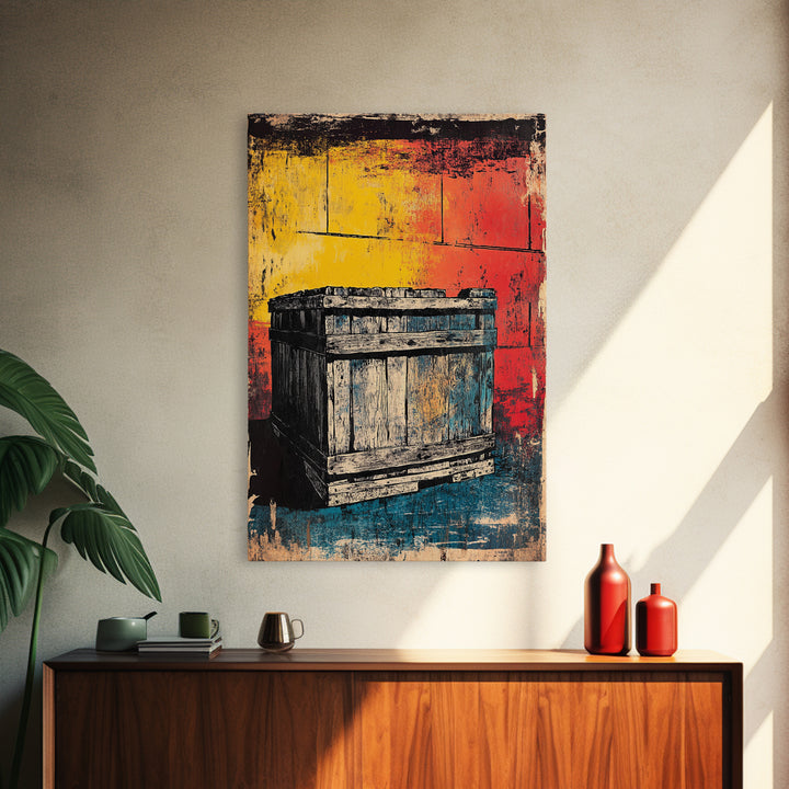Weathered Wooden Crate Still Life Wall Art, Rustic Industrial Decor, Farmhouse Kitchen Print, Bold Color Canvas Print, Housewarming Gift