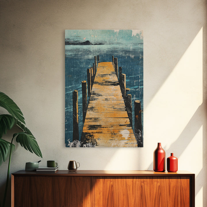 Wooden Dock Over Blue Lake Wall Art, Coastal Pier Landscape Print, Lake House Decor, Nautical Framed Canvas Print, Living Room Decor