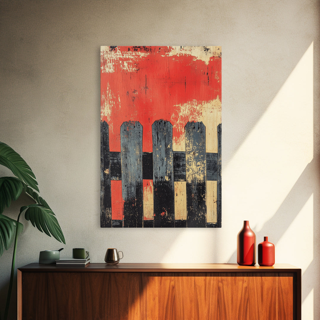 Black Picket Fence On Red Background Wall Art, Rustic Abstract Print, Farmhouse Wall Decor, Modern Canvas Print, Bold Home Decor