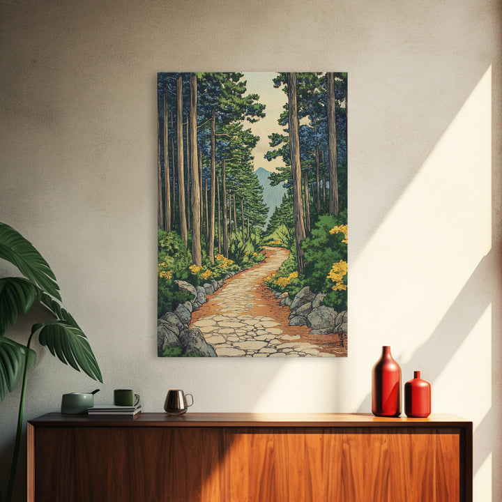 Pine Forest Path With Yellow Flowers Wall Art, Nature Landscape Print, Cabin Decor, Peaceful Framed Canvas Print, Living Room Decor