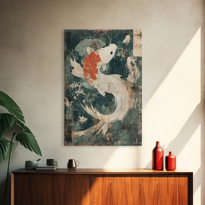 White And Orange Koi Fish Framed Canvas Print, Japanese Wall Art, Zen Home Decor, Asian Inspired Living Room Decor, Koi Wall Decor