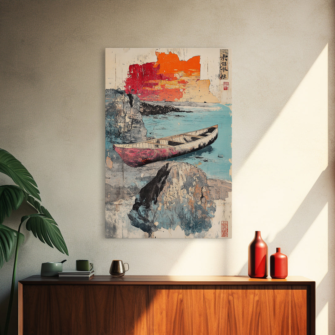 Weathered Canoe And Sea Cliffs Wall Art, Japanese Coastal Print, Ocean Landscape Decor, Nautical Living Room Wall Art, Home Decor