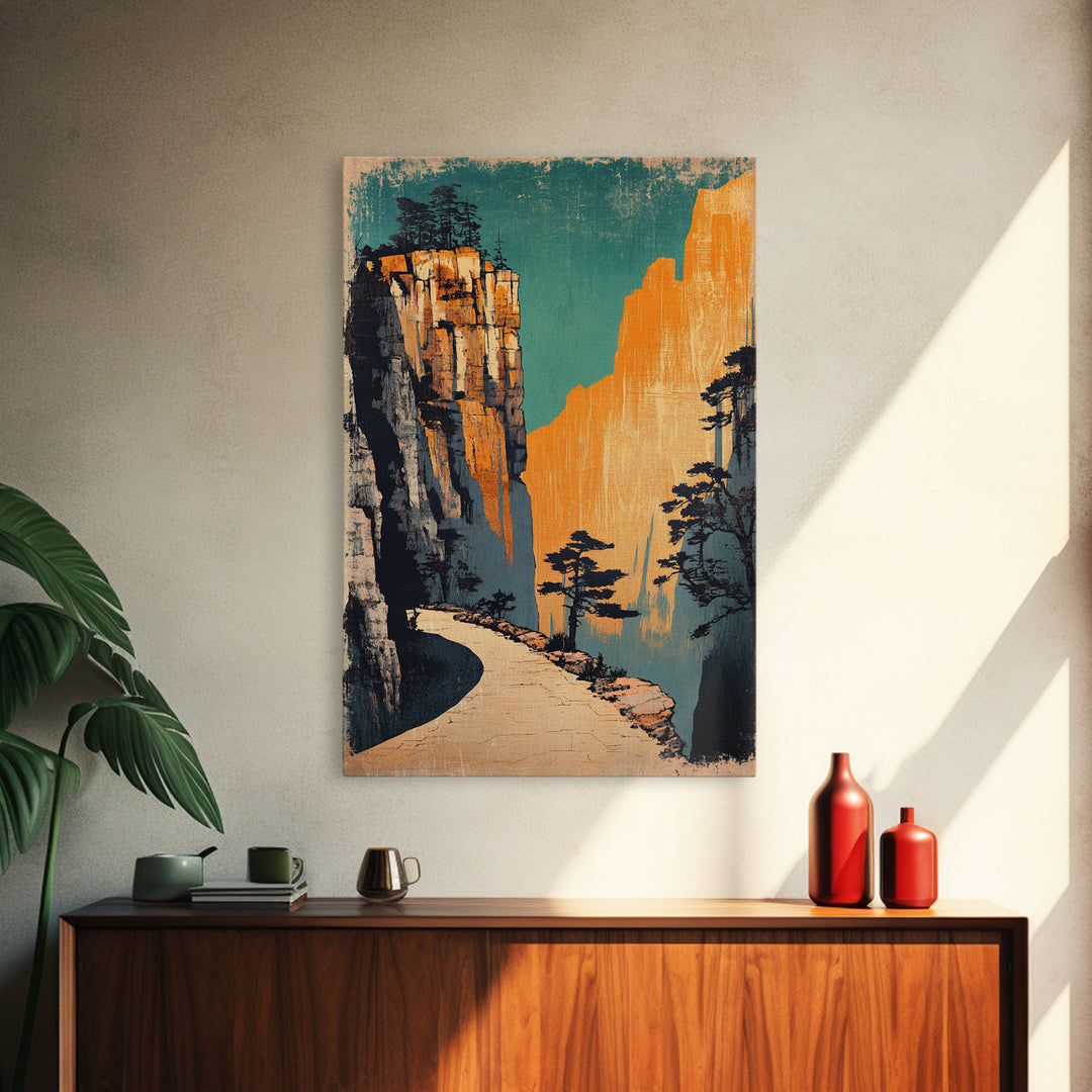 Golden Mountain Path Framed Canvas Print, Japanese Landscape Wall Art, Japandi Decor, Nature Wall Art, Entryway Wall Decor