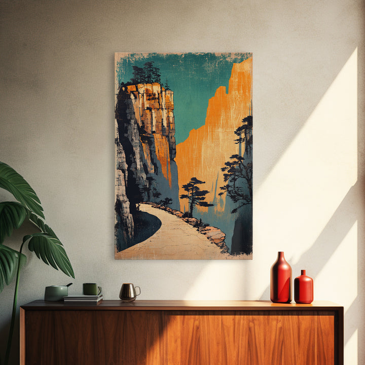 Golden Mountain Path Framed Canvas Print, Japanese Landscape Wall Art, Japandi Decor, Nature Wall Art, Entryway Wall Decor