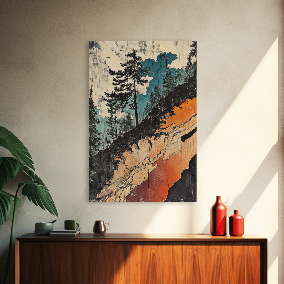 Teal Forest Cliff Abstract Landscape Wall Art, Japanese Woodblock Canvas Print, Rustic Nature Decor, Modern Living Room Decor