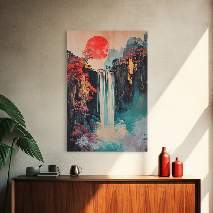 Red Sun Waterfall Mountain Landscape Wall Art, Japanese Woodblock Print Style, Teal Coastal Decor, Zen Living Room Art Print