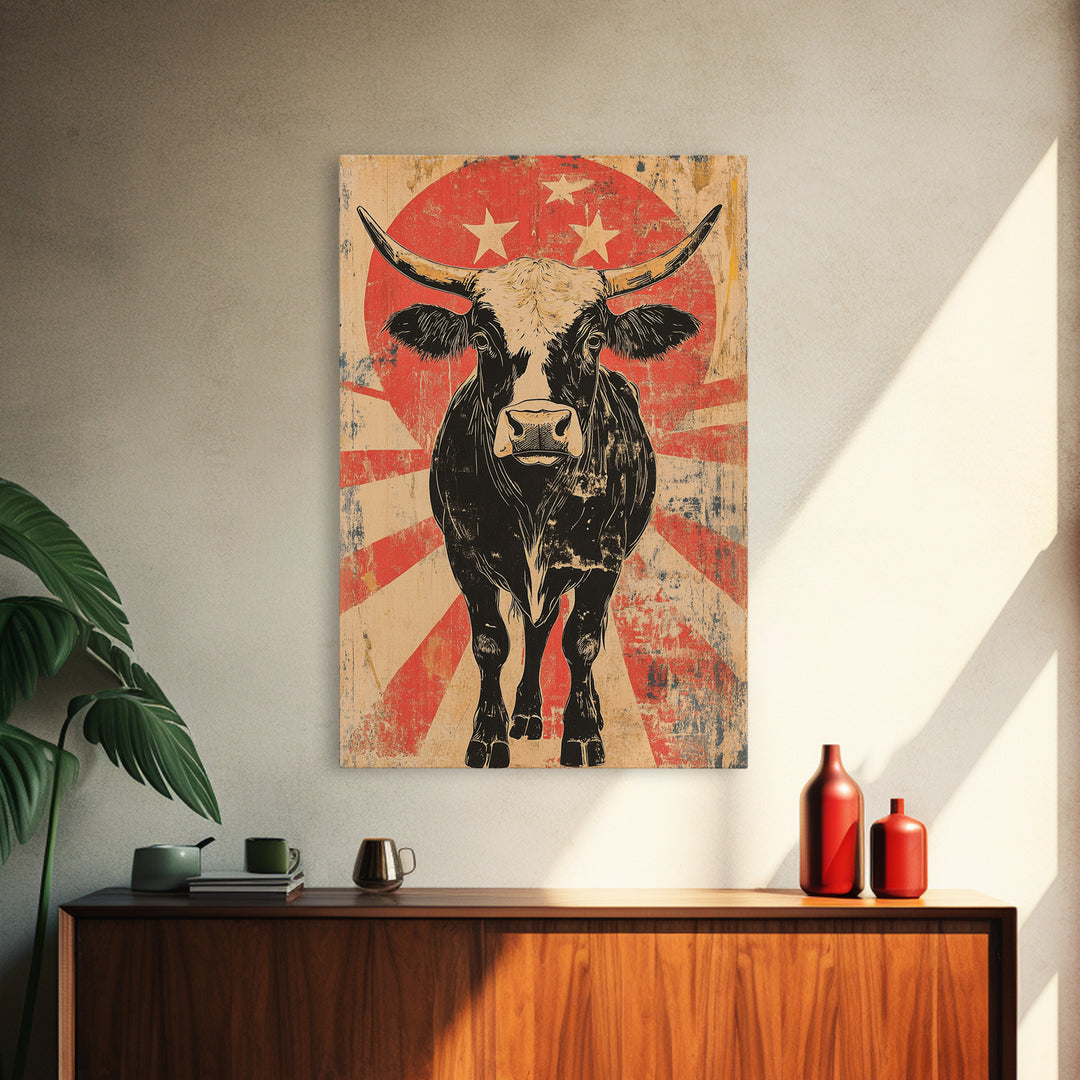 Black Longhorn Bull Retro Western Wall Art, Rustic Farmhouse Cowboy Canvas Print, Bold Animal Print, Man Cave Home Decor, Gift For Him