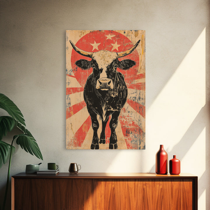 Black Longhorn Bull Retro Western Wall Art, Rustic Farmhouse Cowboy Canvas Print, Bold Animal Print, Man Cave Home Decor, Gift For Him