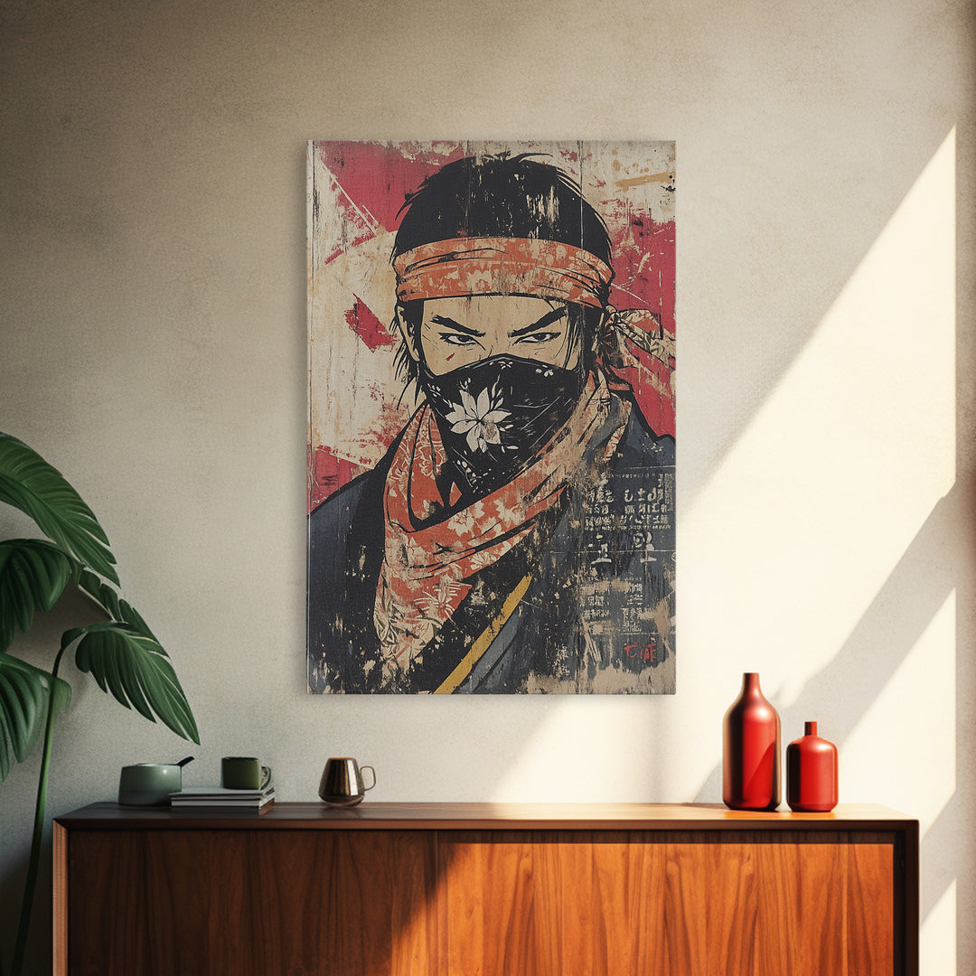 Masked Samurai Warrior Portrait Wall Art, Japanese Ink Style Canvas Print, Dark Academia Decor, Bold Asian Wall Decor, Gift For Him