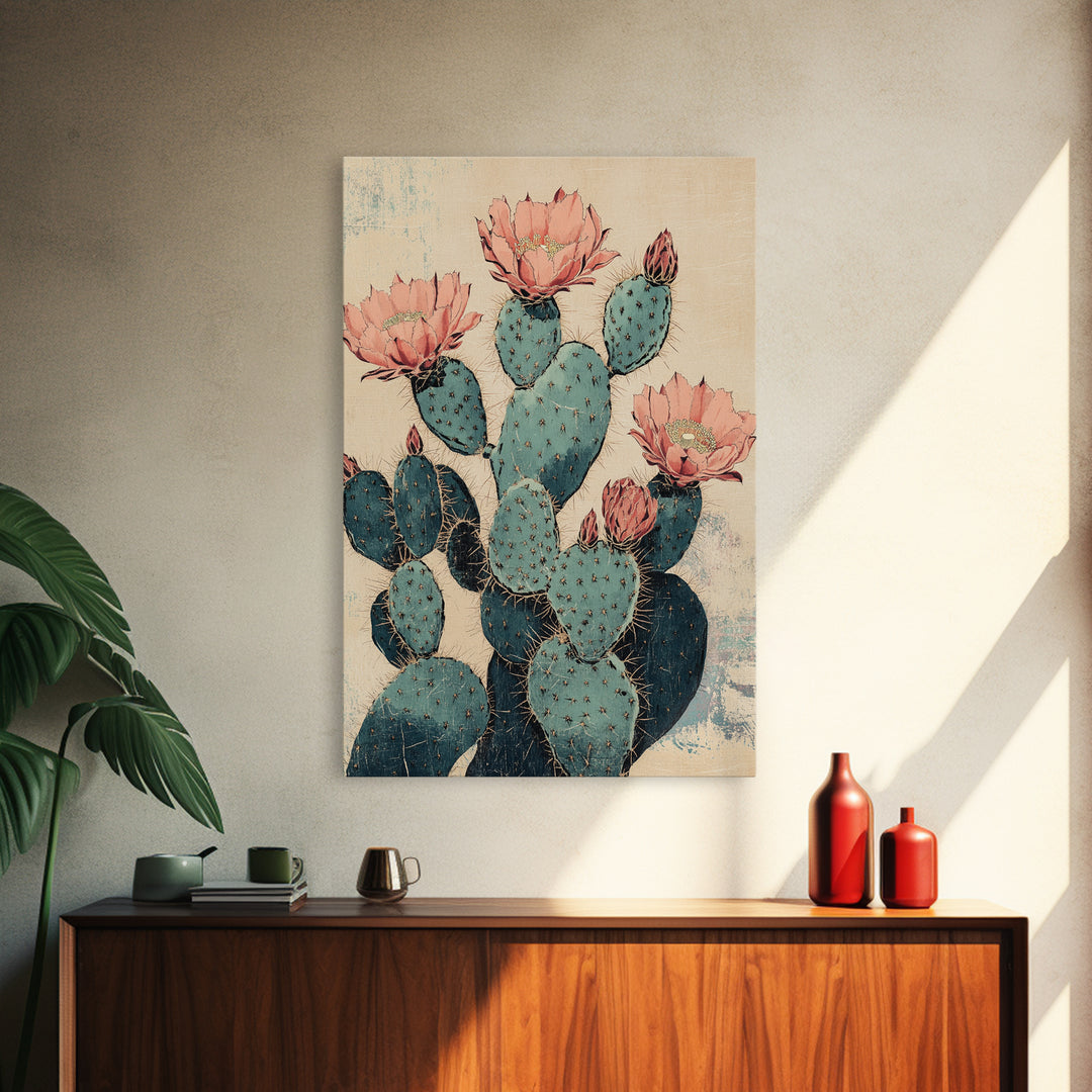Blooming Prickly Pear Cactus Wall Art, Southwestern Botanical Canvas Print, Pink Floral Desert Decor, Boho Home Decor, Gift For Her