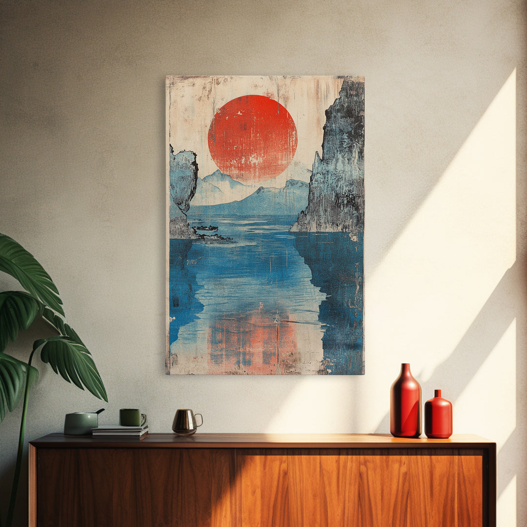 Red Sun Blue Mountain Lake Wall Art, Japanese Woodblock Style Canvas Print, Calm Coastal Landscape Decor For Living Room