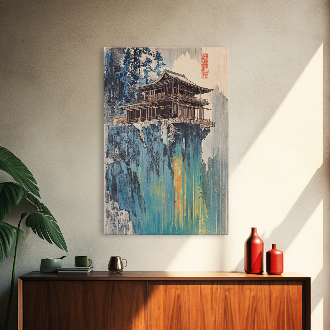 Cliffside Pagoda Temple Wall Art, Asian Mountain Landscape Canvas Print, Japandi Zen Decor, Statement Artwork For Home Decor