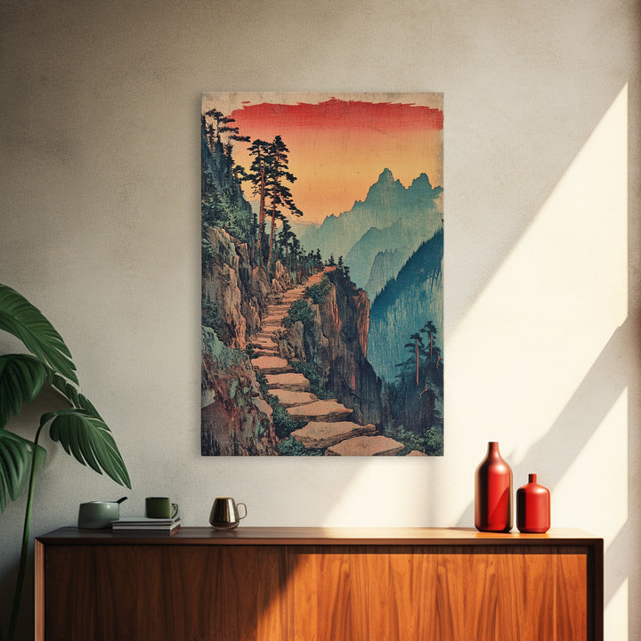 Sunset Mountain Path Pine Forest Wall Art, Japanese Woodblock Landscape Canvas Print, Rustic Nature Decor For Living Room
