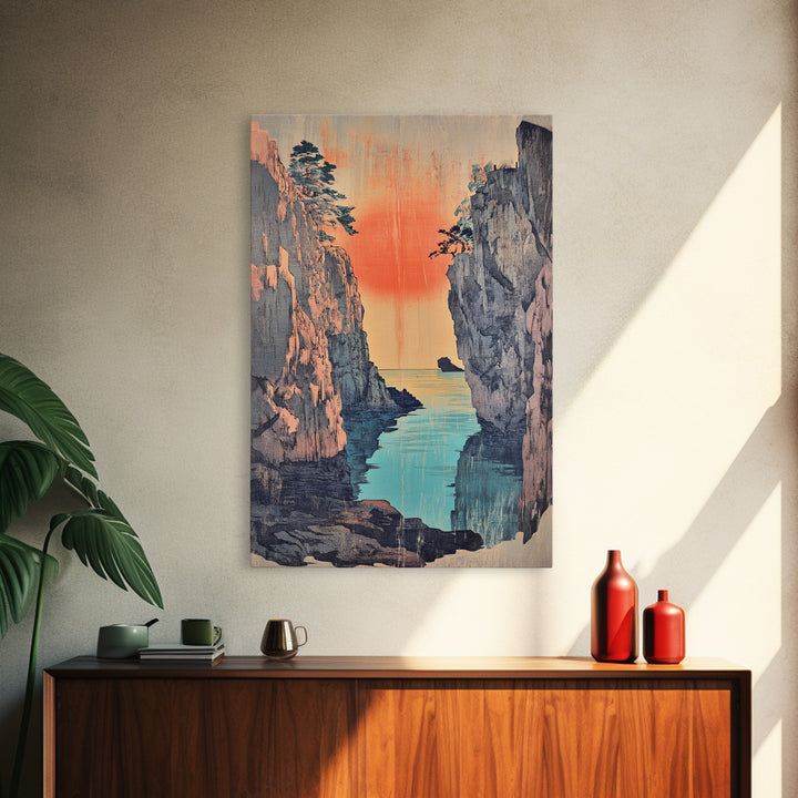 Sunset Sea Canyon Between Cliffs Framed Canvas Print, Japanese Wall Art, Coastal Landscape Poster, Ocean Decor Gift For Her