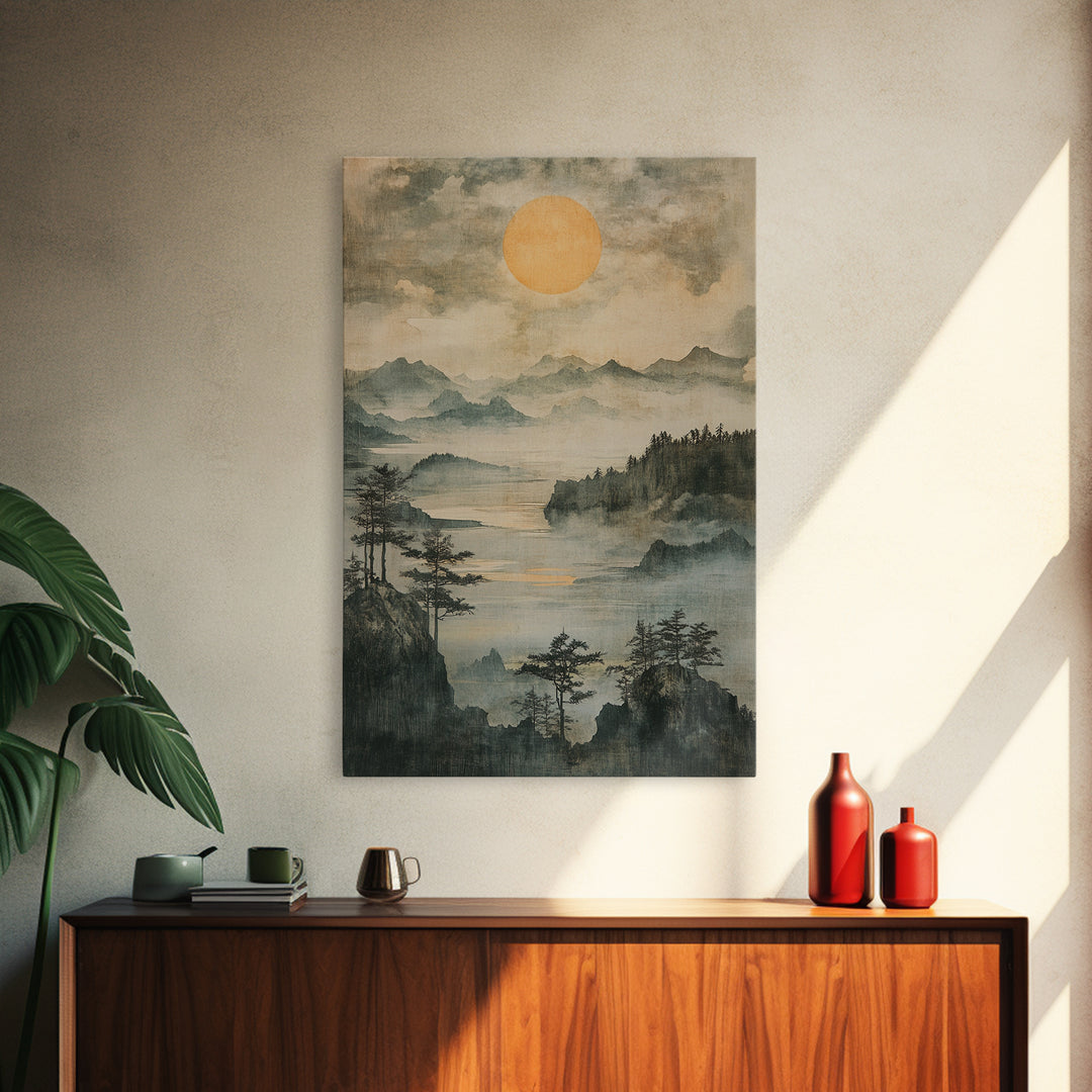 Misty Mountain Lake With Golden Sun Wall Art, Japanese Landscape Canvas Print, Serene Forest Decor, Japandi Home Decor Gift