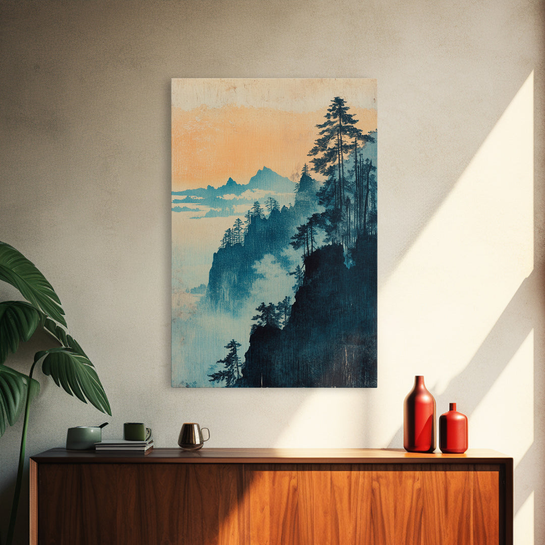 Blue Mist Forested Cliffs At Dawn Canvas Print, Japanese Landscape Wall Art, Nature Wall Decor, Serene Coastal Home Decor