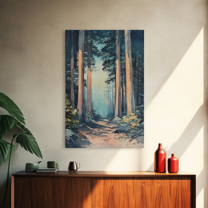 Misty Redwood Forest Path Wall Art, Tall Tree Nature Print, Moody Woodland Decor, Japandi Living Room Canvas Print For Entryway