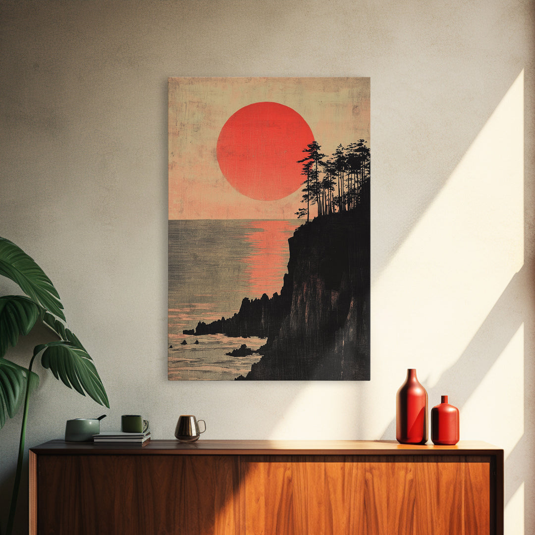 Crimson Sun Over Ocean Cliffs Wall Art, Japanese Coastal Poster, Moody Seascape Decor, Large Framed Canvas Print For Living Room
