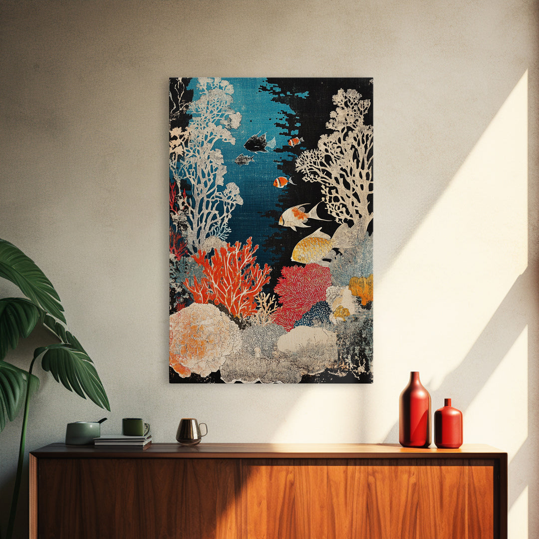 Vibrant Coral Reef Fish Wall Art, Underwater Ocean Life Print, Tropical Coastal Decor, Marine Life Framed Canvas Print For Bath