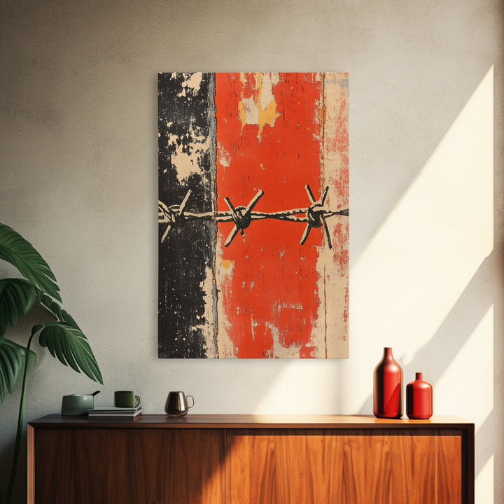 Distressed Barbed Wire On Red Black Wall Art, Industrial Abstract Poster, Edgy Rustic Decor, Modern Canvas Print For Man Cave