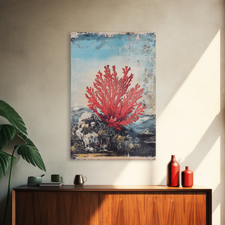 Red Sea Fan Coral On Rocks Wall Art, Coastal Ocean Botanical Print, Nautical Beach House Decor, Framed Canvas Print Gift