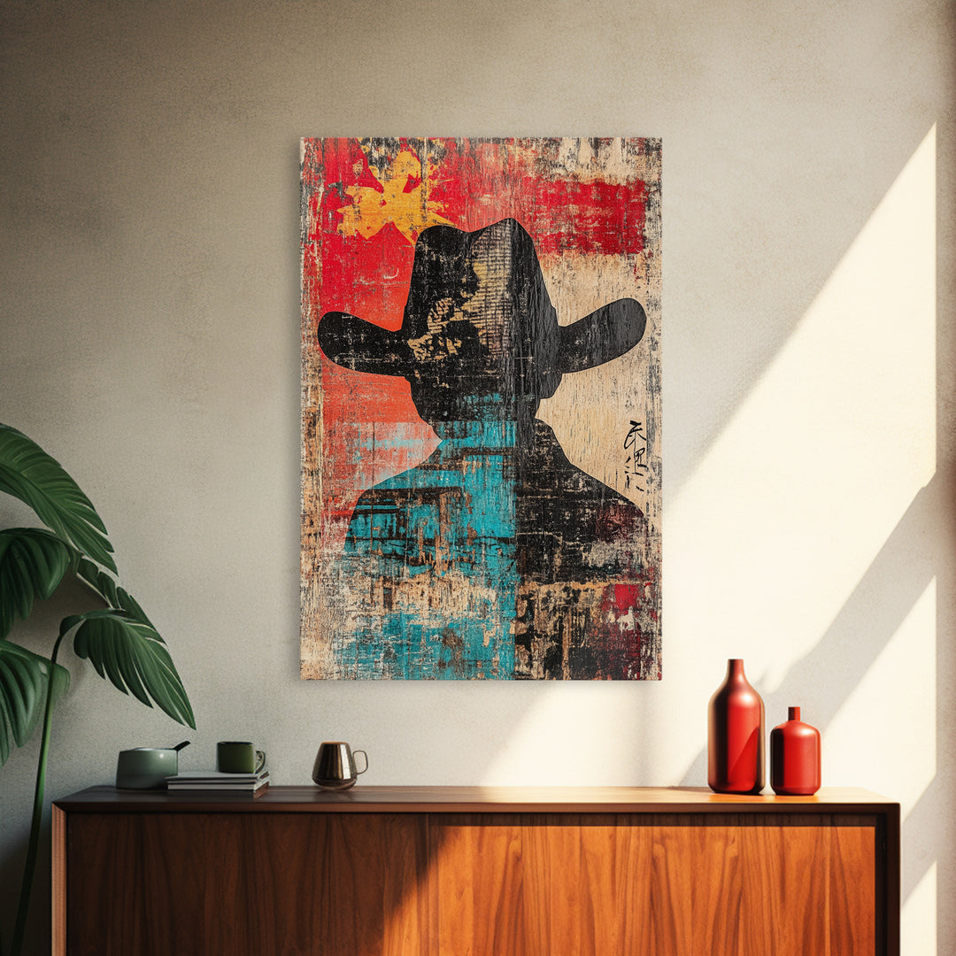 Abstract Cowboy Silhouette Wall Art, Western Canvas Print, Bold Red Teal Rustic Decor, Masculine Southwest Living Room Art