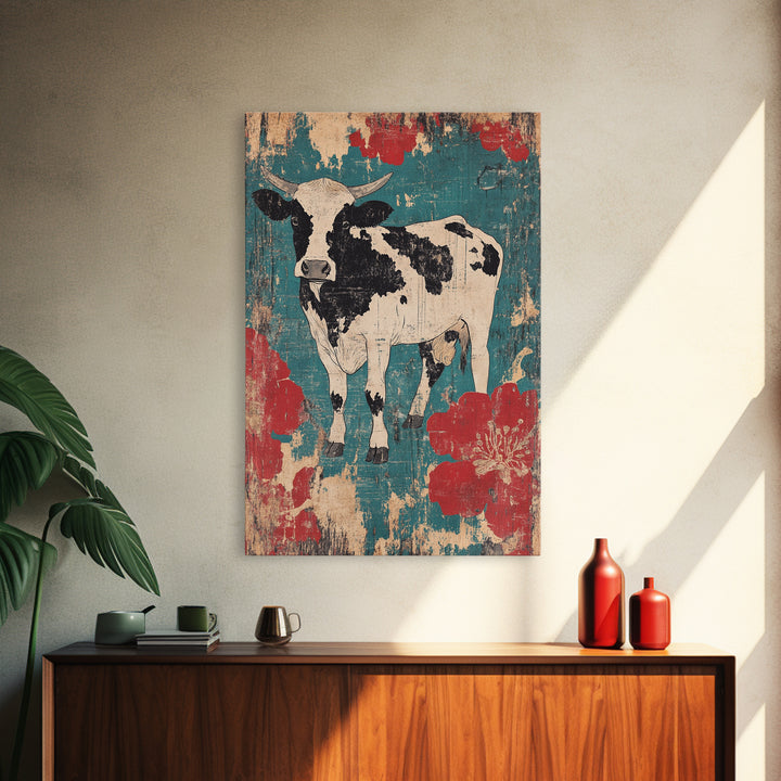 Black And White Cow Wall Art, Floral Farmhouse Canvas Print, Rustic Animal Decor, Teal Red Kitchen Living Room Art, Home Decor