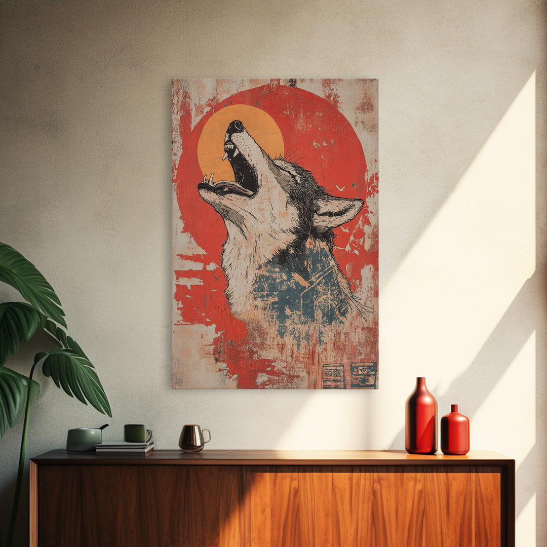 Howling Wolf Red Sun Wall Art, Rustic Wildlife Canvas Print, Southwestern Animal Decor, Moody Cabin Living Room Art Print