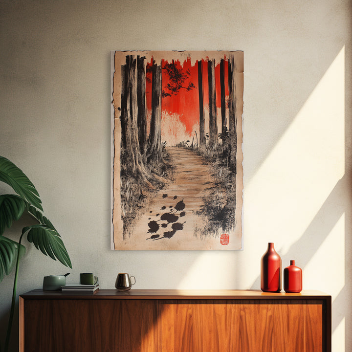 Red Sky Forest Path Wall Art, Japanese Landscape Canvas Print, Moody Woodland Decor, Nature Art For Cabin Or Office Decor