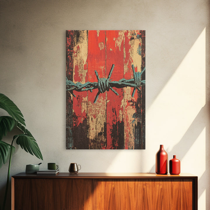 Barbed Wire Abstract Wall Art, Grunge Western Canvas Print, Red Teal Industrial Decor, Bold Rustic Statement Art For Office Decor