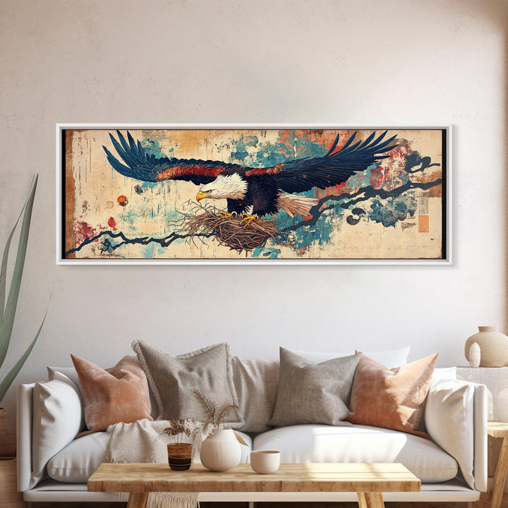 Soaring Eagle With Nest Japanese Inspired Wall Art, Panoramic Canvas Print, Asian Decor, Nature Wall Decor, Gift For Bird Lover
