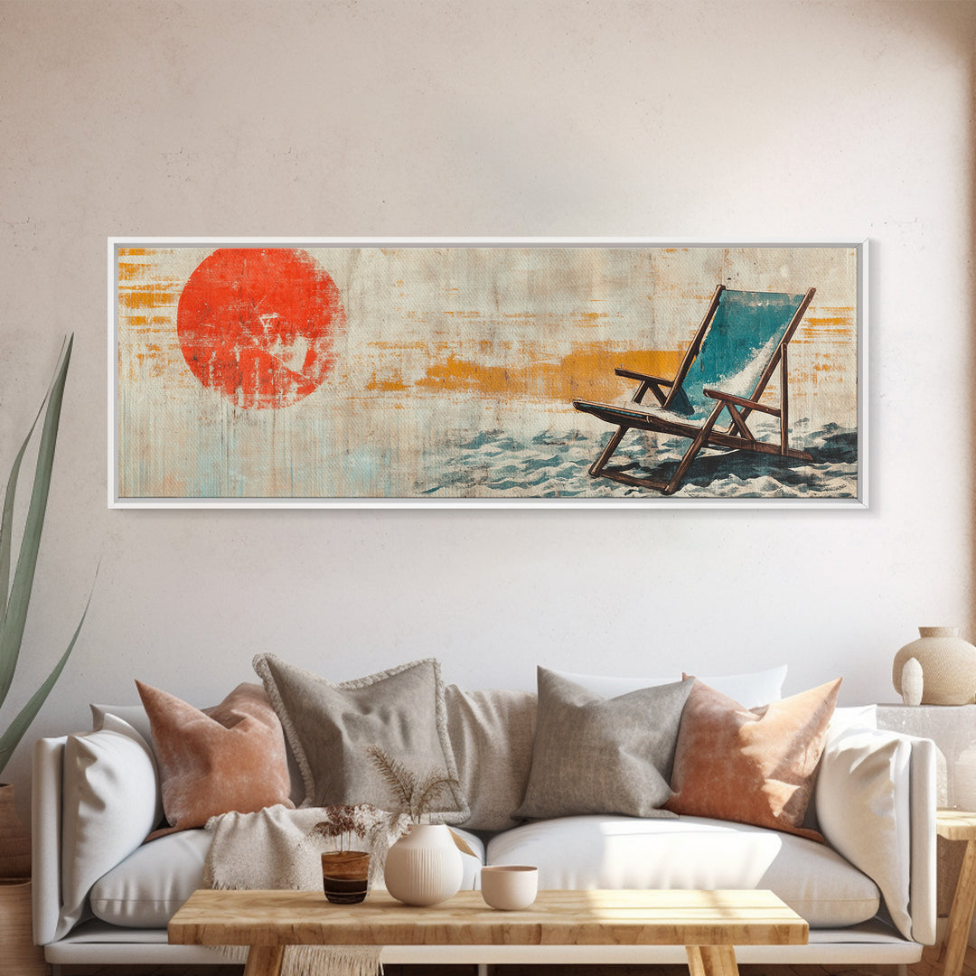 Red Sun Beach Chair Coastal Wall Art, Panoramic Canvas Print, Beach House Decor, Ocean Wall Decor, Summer Living Room Art