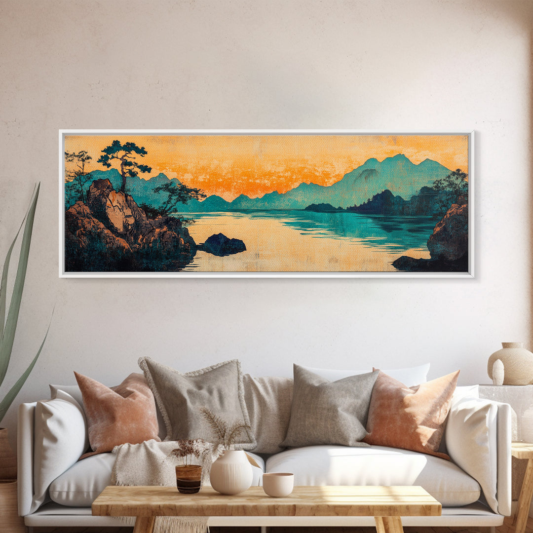 Teal Mountain Lake Japanese Landscape Wall Art, Panoramic Canvas Print, Asian Inspired Decor, Serene Living Room Decor, Housewarming Gift