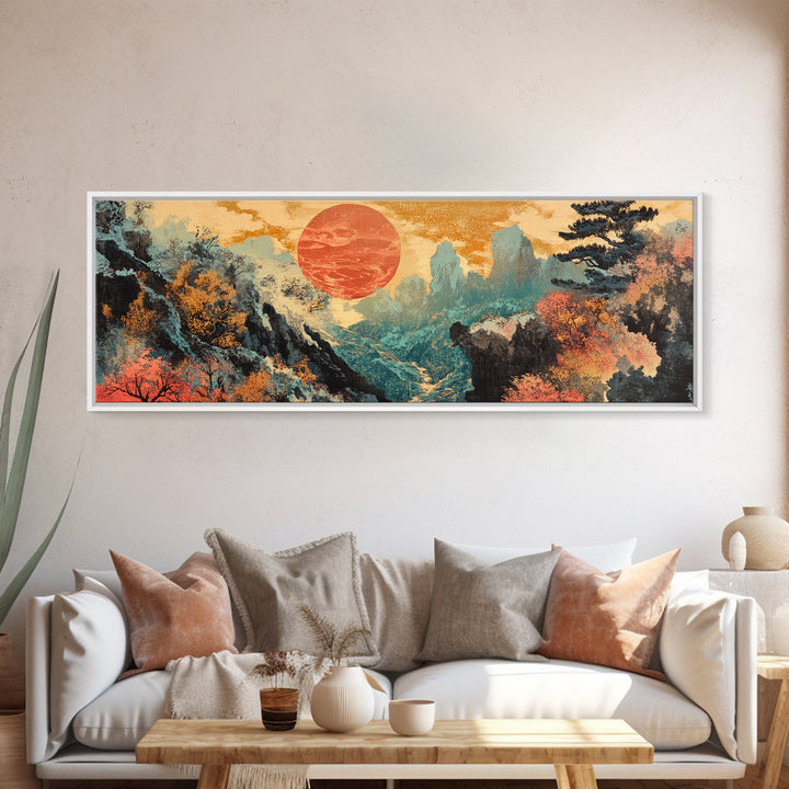 Red Sun Autumn Mountains Japanese Wall Art, Framed Canvas Print, Panoramic Landscape, Japandi Decor, Large Living Room Art
