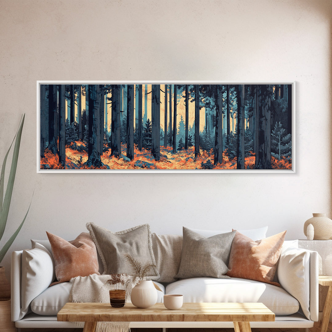 Blue Pine Forest With Orange Leaves Wall Art, Long Horizontal Canvas Print, Woodland Nature Decor, Moody Living Room Art