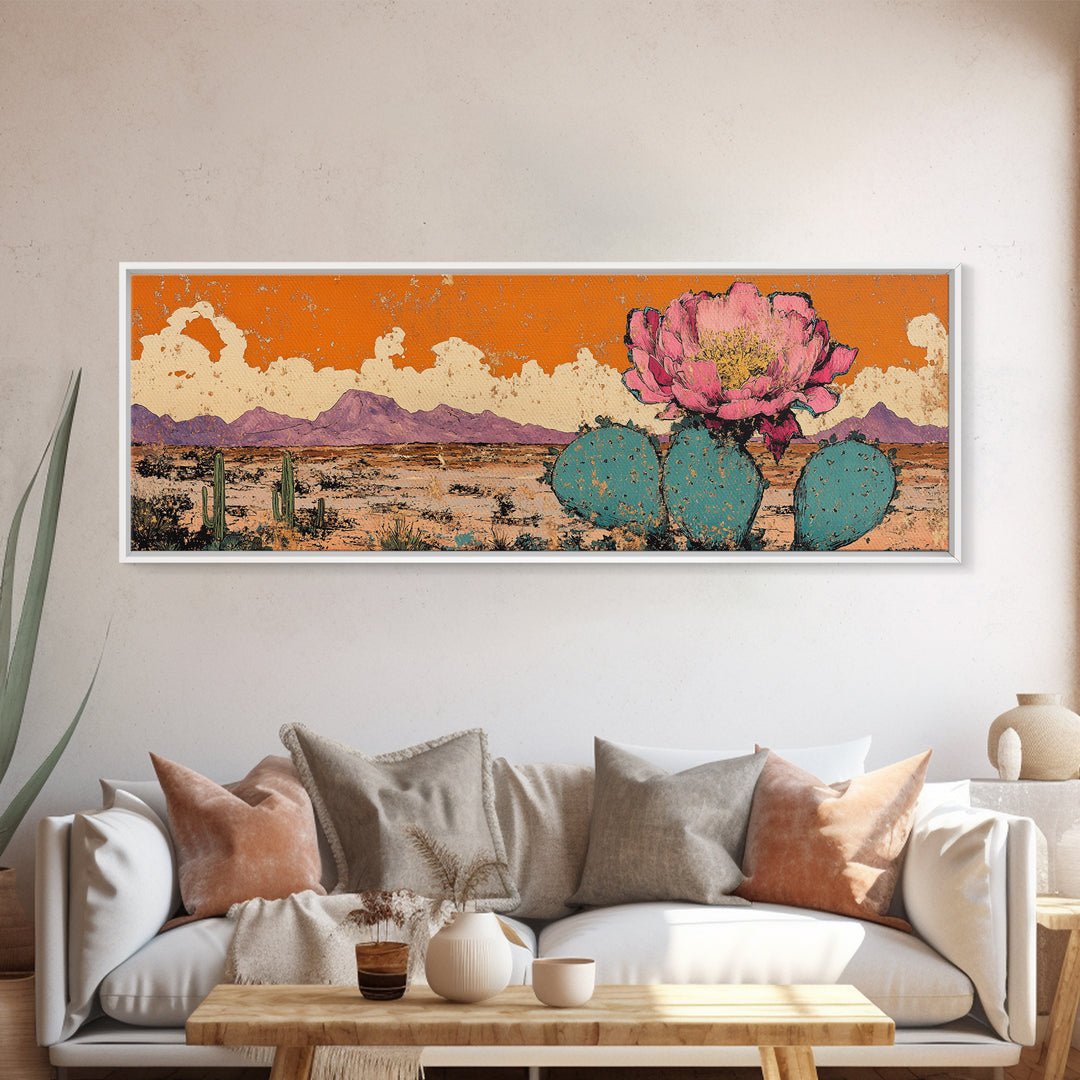 Pink Prickly Pear Cactus Desert Wall Art, Framed Canvas Print, Southwestern Decor, Orange Landscape, Gift For Plant Lover