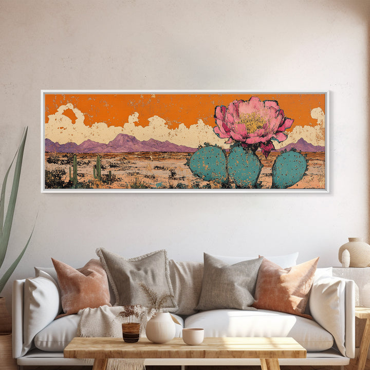 Pink Prickly Pear Cactus Desert Wall Art, Framed Canvas Print, Southwestern Decor, Orange Landscape, Gift For Plant Lover
