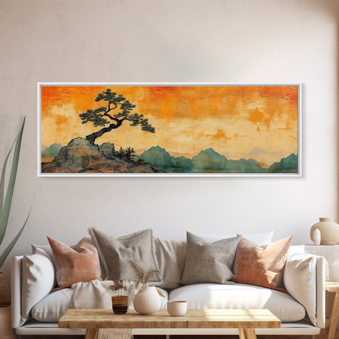 Lone Windblown Pine Orange Mountain Wall Art, Panoramic Canvas Print, Japandi Landscape Decor, Asian Inspired Home Decor