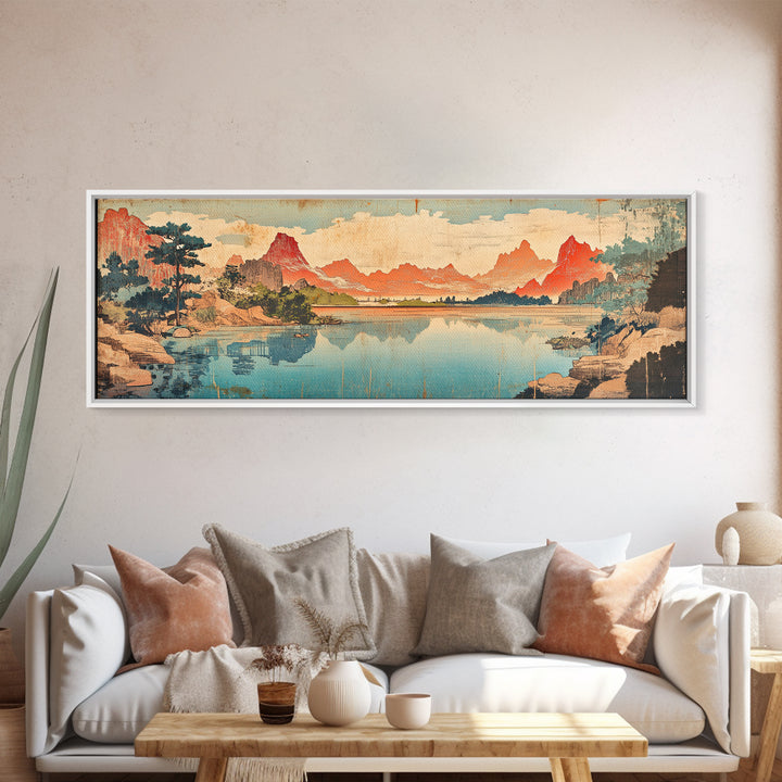 Red Peaks Reflecting In Lake Landscape Wall Art, Wide Horizontal Canvas Print, Japanese Inspired Decor, Large Living Room Art