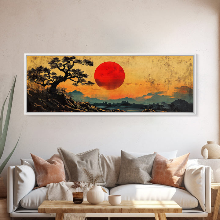 Red Sunset Over Pine Tree Japanese Wall Art, Panoramic Canvas Print, Japandi Landscape Decor, Zen Living Room Wall Art Print