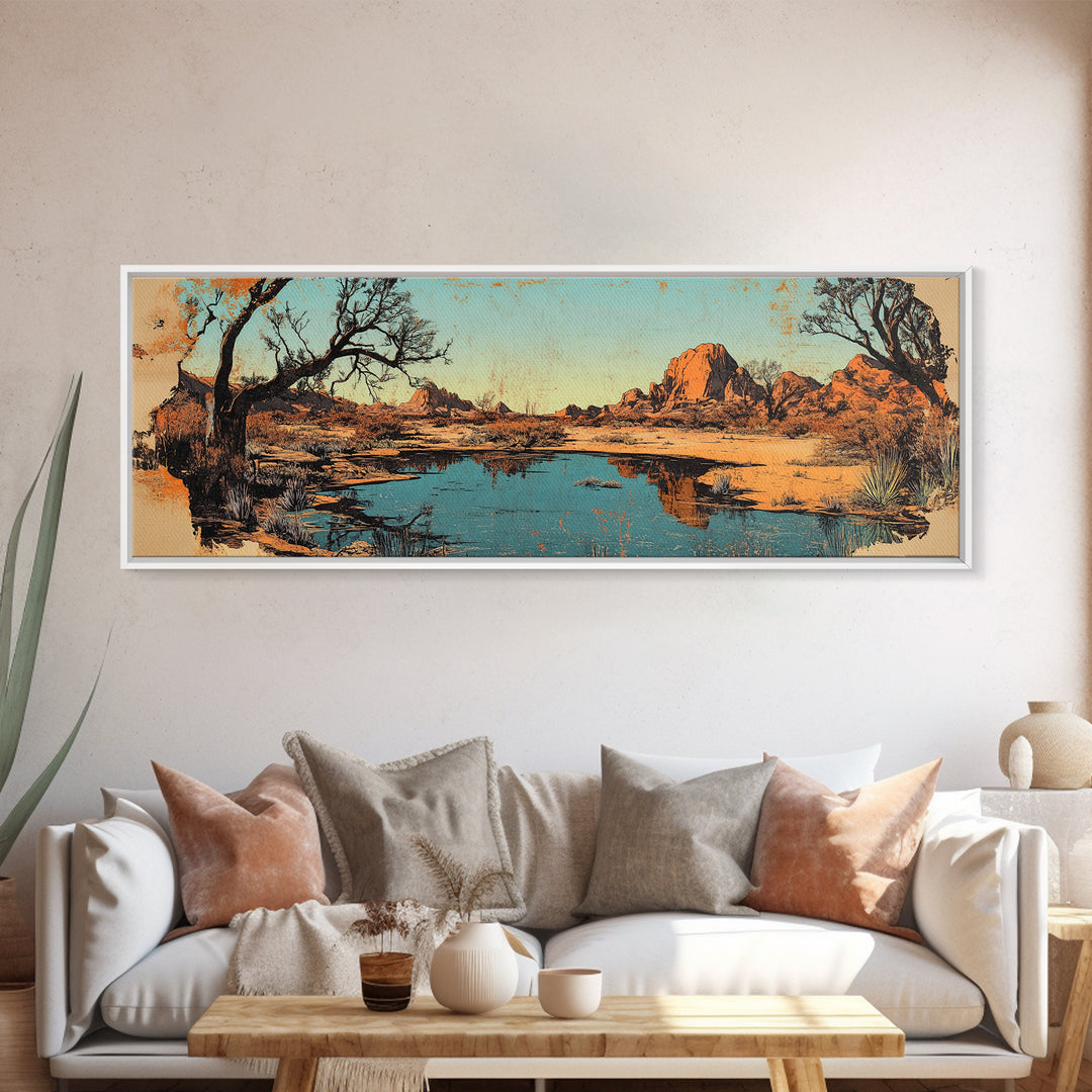 Southwestern Desert Lake Reflection Wall Art, Long Horizontal Canvas Print, Rustic Landscape, Warm Earth Tone Living Room Decor