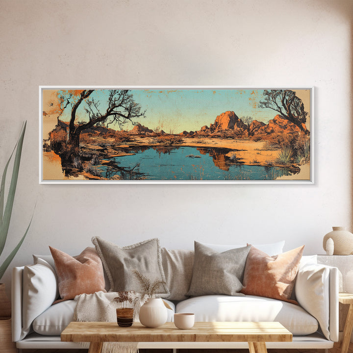 Southwestern Desert Lake Reflection Wall Art, Long Horizontal Canvas Print, Rustic Landscape, Warm Earth Tone Living Room Decor