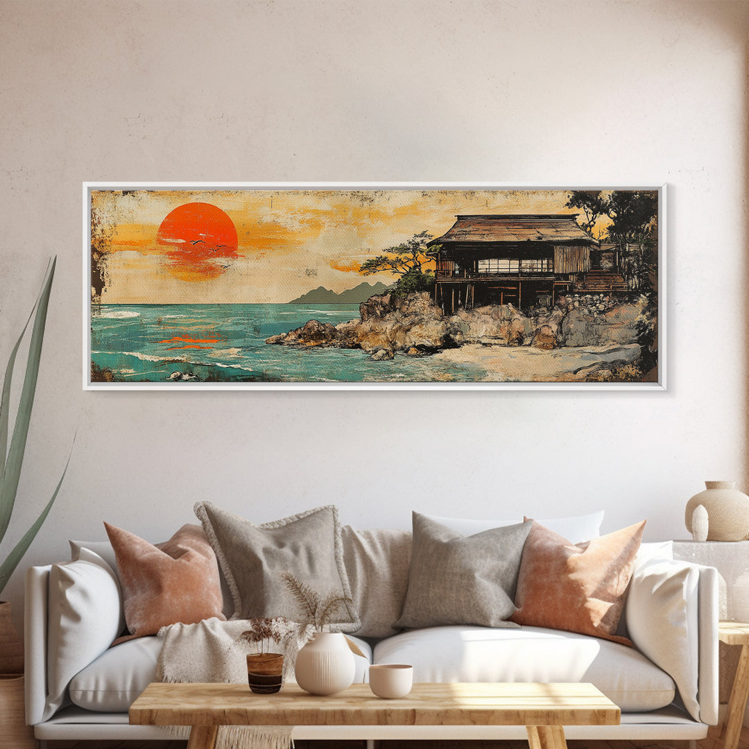 Japanese Seaside House Orange Sunset Wall Art, Framed Canvas Print, Coastal Ocean Landscape, Beach House Living Room Decor