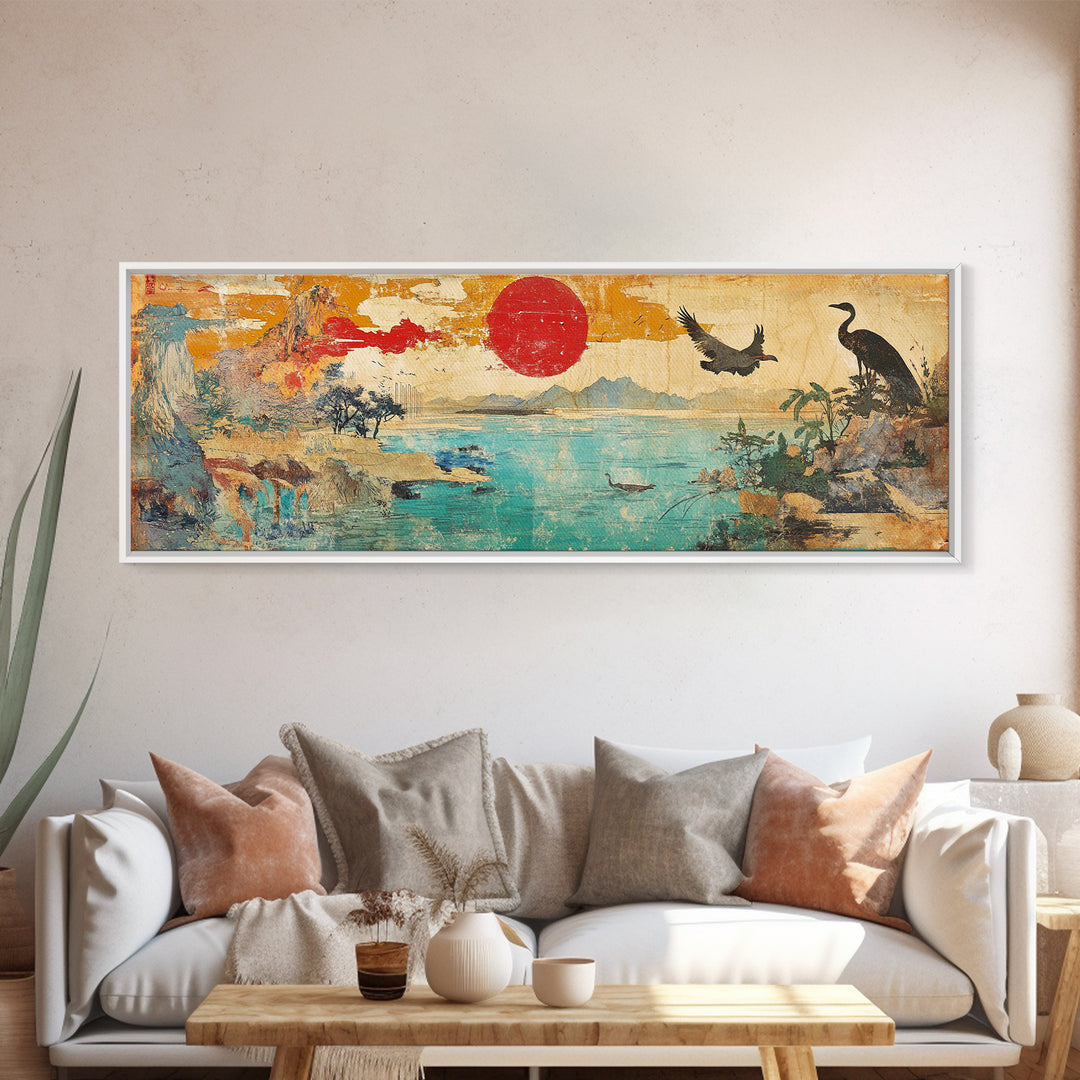 Red Sun Coastal Crane And Deer Wall Art, Panoramic Canvas Print, Japanese Landscape, Bird Wildlife Decor For Living Room
