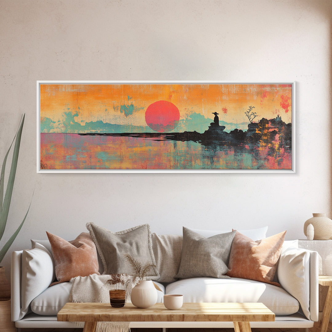 Abstract Orange Sun Over Still Water Wall Art, Framed Canvas Print, Minimalist Seascape, Japandi Modern Coastal Bedroom Decor