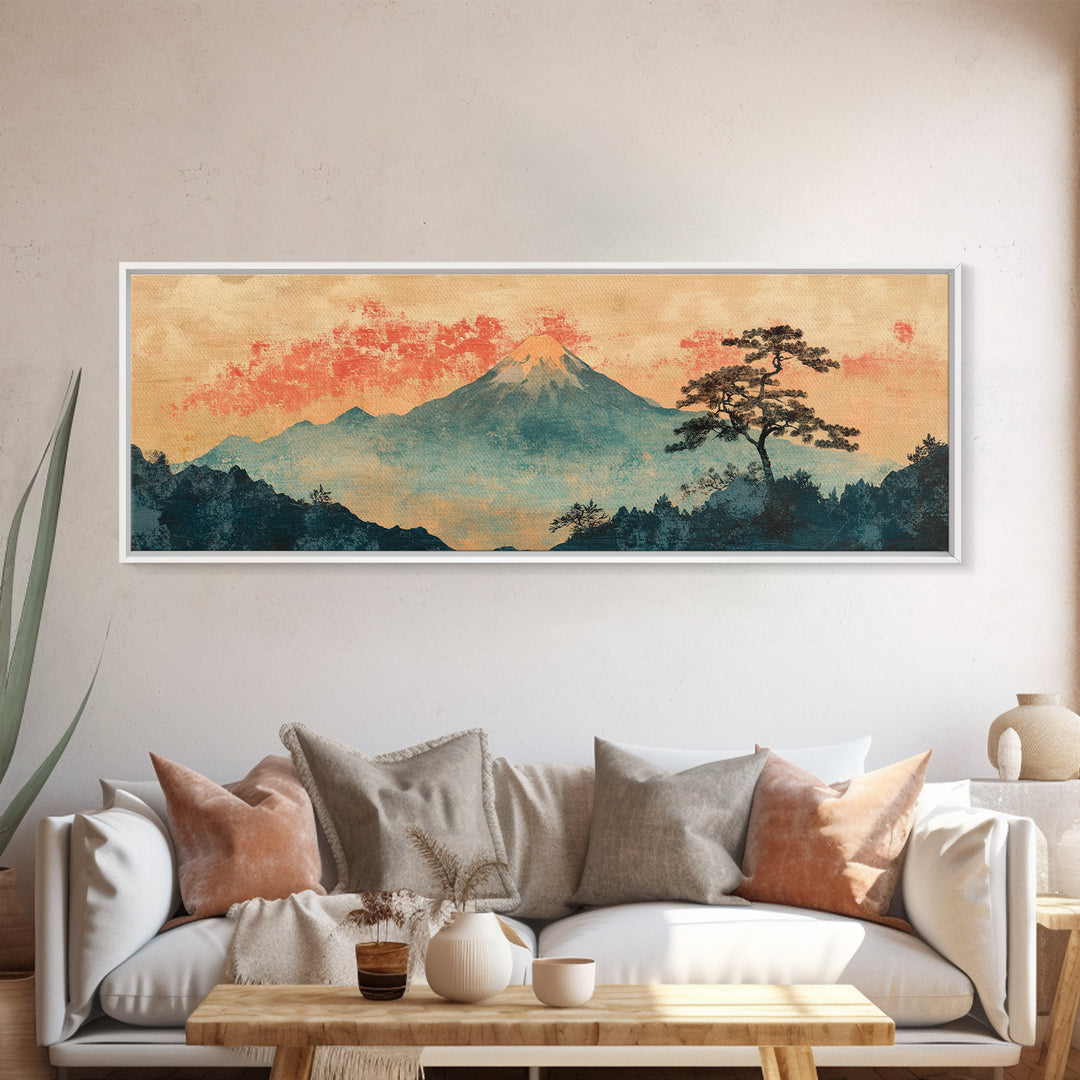 Misty Mount Fuji Pine Tree Wall Art, Long Horizontal Canvas Print, Japanese Landscape, Serene Japandi Nature Living Room Decor