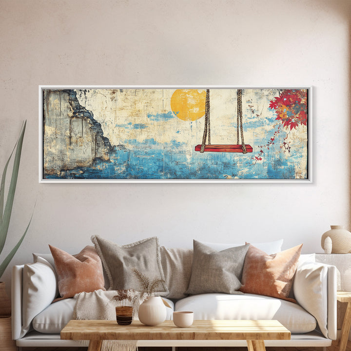 Ocean Cliff Swing Yellow Moon Wall Art, Long Horizontal Canvas Print, Coastal Blue Seascape, Japanese Minimalist Bedroom Decor